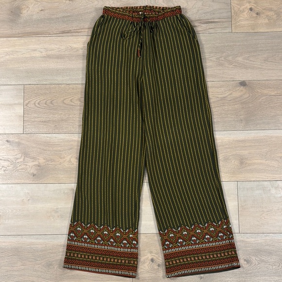 Umgee Green and Orange Striped Boho Wide Leg Pull on Pants - Picture 1 of 10